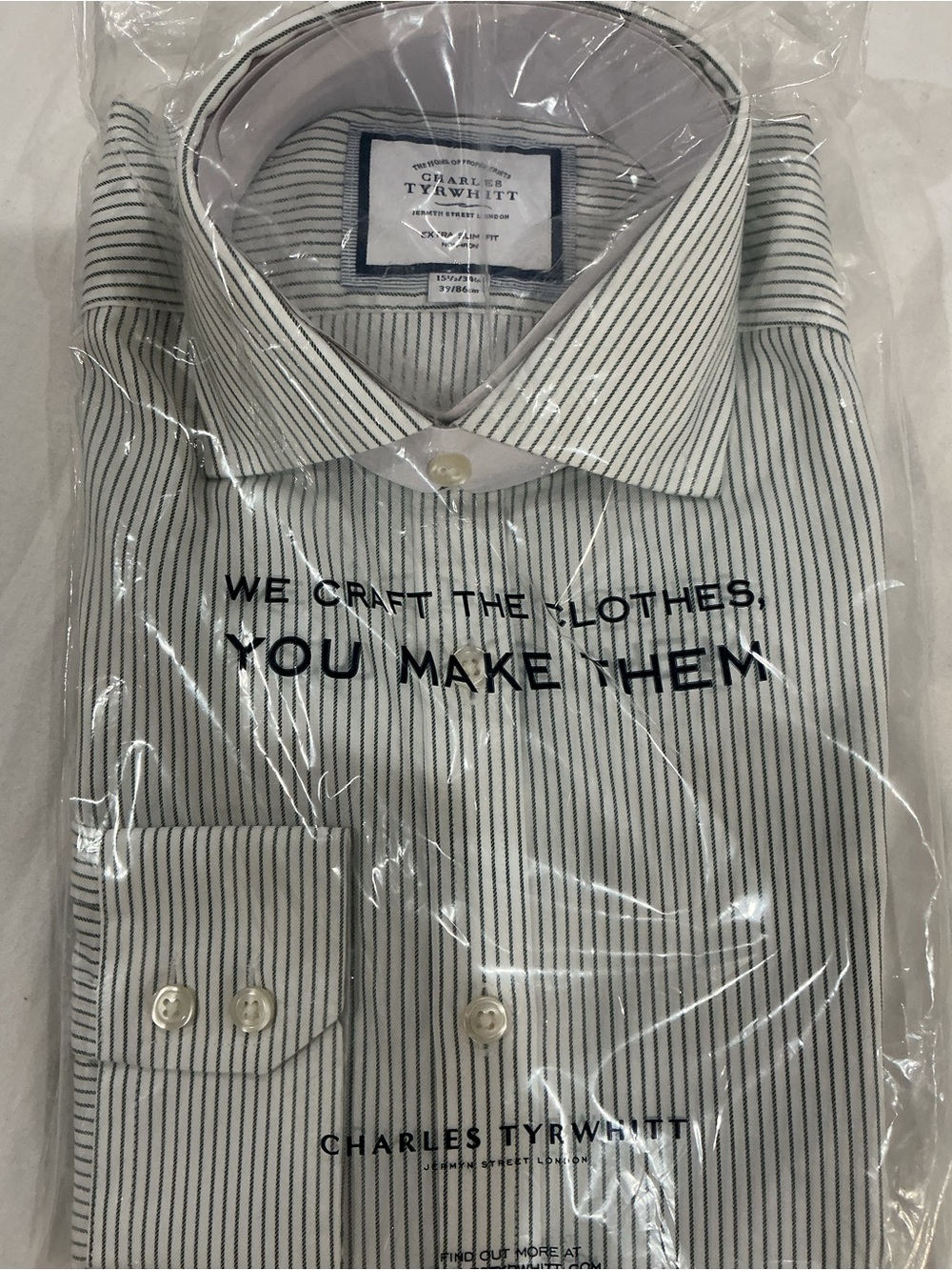 Charles Tyrwhitt Olive Pinstripe Dress Shirt 15.5/34 Extra Slim Fit NWT